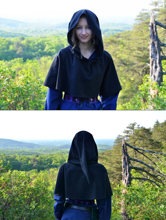 Medieval Gothic Black Hooded Short Cloak Cropped Cape for Cosplay Halloween Costumes