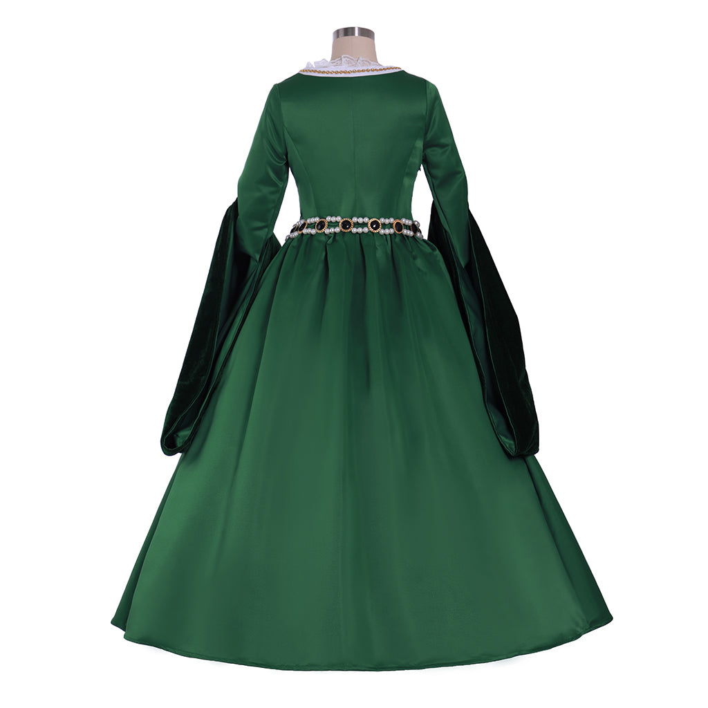 IllusionCos Tudor Dynasty Medieval Court Dress Renaissance Inspired Gown Prom Outfit Green Gold-Embroidered Square Neckline Puff Sleeve Women's Halloween Carnival Valentine's Day Party Evening Dress Masquerade Adults' Dress All