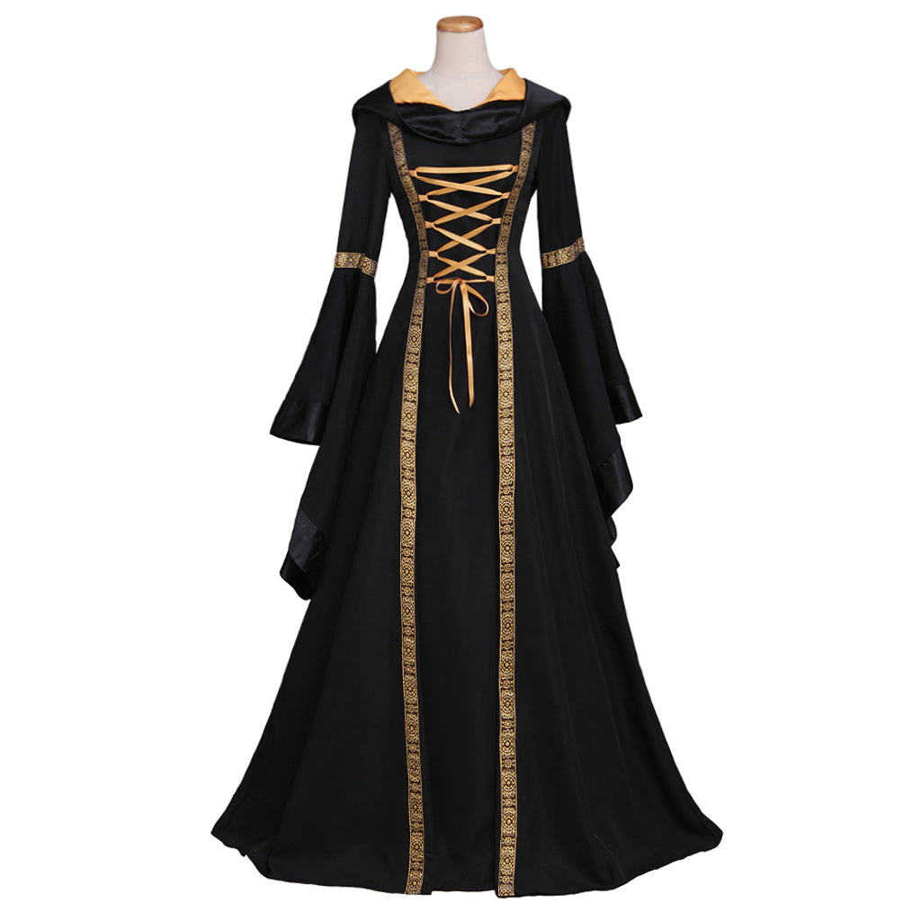 Medieval Women Gothic Black Cosplay Costume Adult Renaissance Ancient Gown With Lace - Up Long Sleeve Victorian Ladies Halloween Christmas Maxi Dress