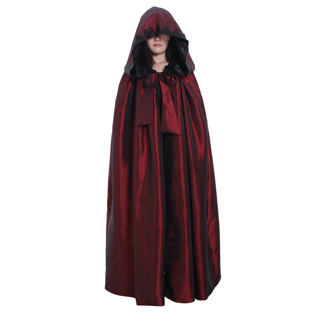 Medieval Gothic Burgundy Black Hooded Cloak Satin Cape with Lace Trim and Bowknot Women’s Renaissance Cosplay Halloween Costume