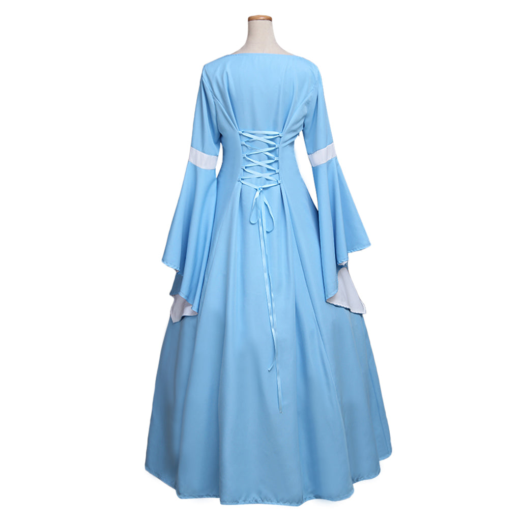 Medieval Women Renaissance Victorian Cosplay Costume Flared Long Sleeve Blue Trimmed Color Block Light Blue White Lace Up Gown Adult Ladies Halloween Christmas Dress
