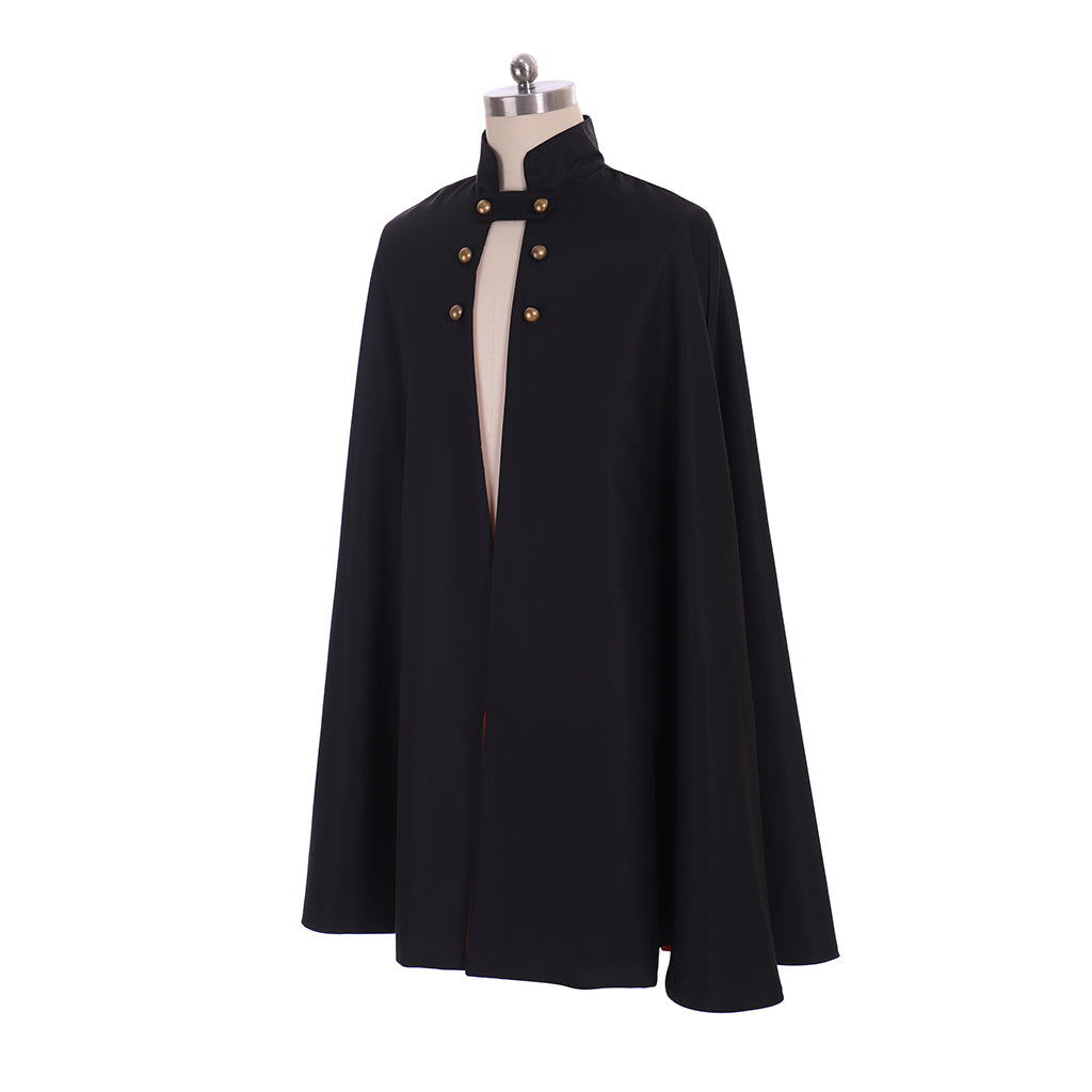 Medieval Gothic Black Cloak with Red Lining, Stand-Up Collar Gold Buttons Cosplay Costume