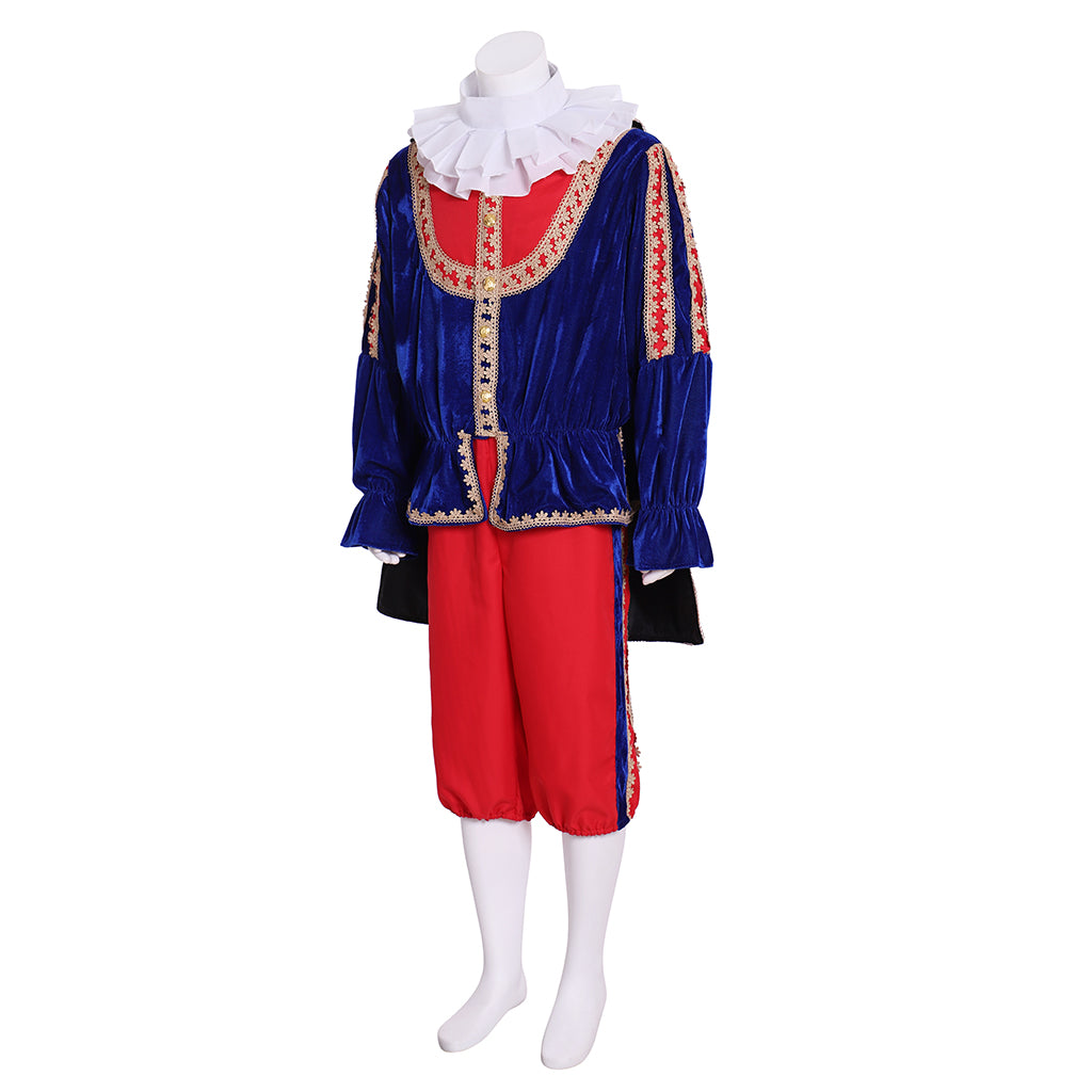 Men's Renaissance Colorful Doublet with Gold Trim, Red Breeches and Ruffled Shirt for Cosplay or Themed Events Halloween Christmas or Themed Parties