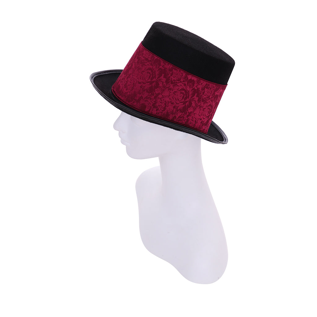 Victorian-Inspired Black Top Hat with Red Brocade Band
