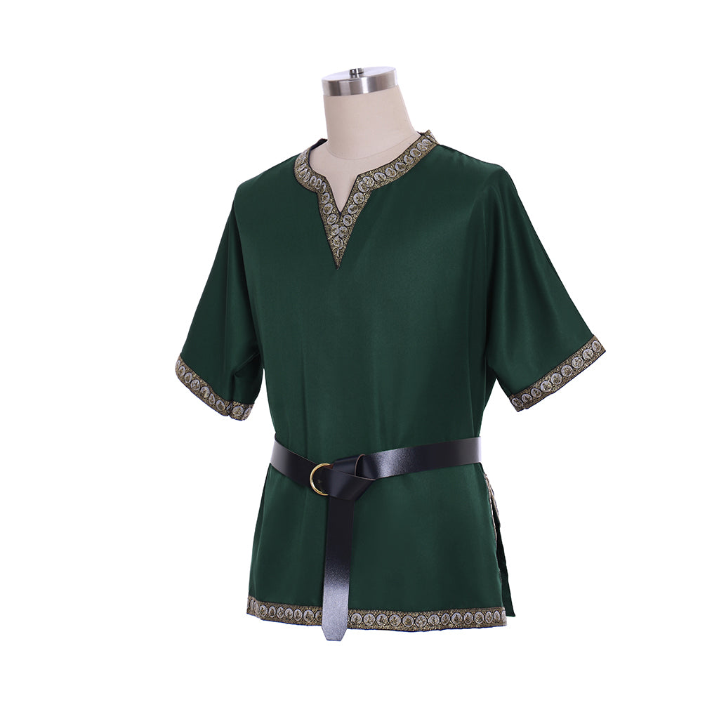 Medieval Men's Black Short Sleeve Tunic with Gold Embroidered Trim and Black Belt for Cosplay Themed Events Halloween Christmas or Parties
