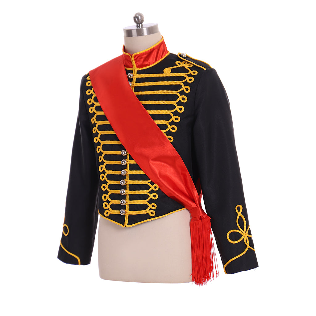 Military Inspired Men's Black Jacket with Gold Trim and Red Sash for Cosplay or Themed Events Halloween Christmas or Themed Parties