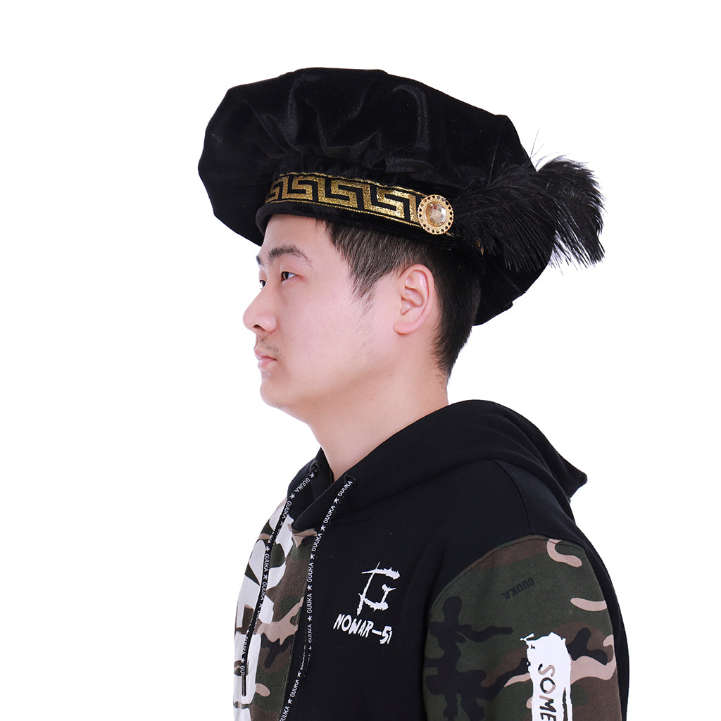 Medieval Black Hat with Gold Greek Key Pattern Trim