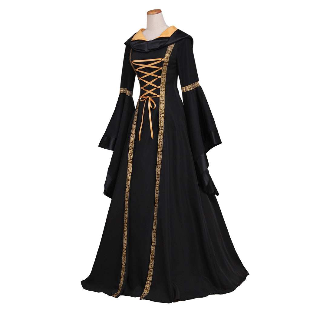 Medieval Women Gothic Black Cosplay Costume Adult Renaissance Ancient Gown With Lace - Up Long Sleeve Victorian Ladies Halloween Christmas Maxi Dress