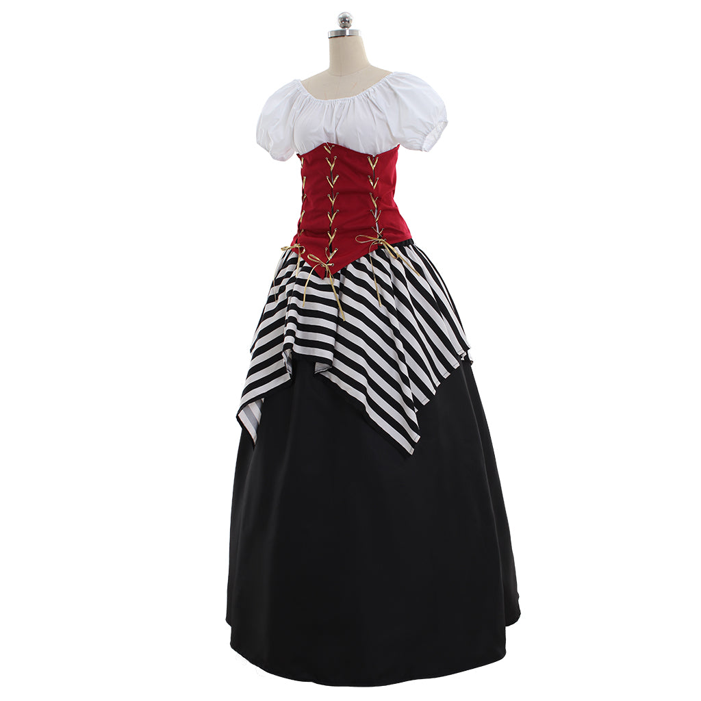 Medieval Women Viking Red Black And White Striped Cosplay Costume Adult Renaissance Ancient Gown Norse Gothic Ladies Halloween Christmas Dress