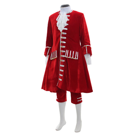 Medieval Men's Red Coat with White Ruffles and Red Breeches Costume for Cosplay Themed Events Halloween Christmas or Themed Parties