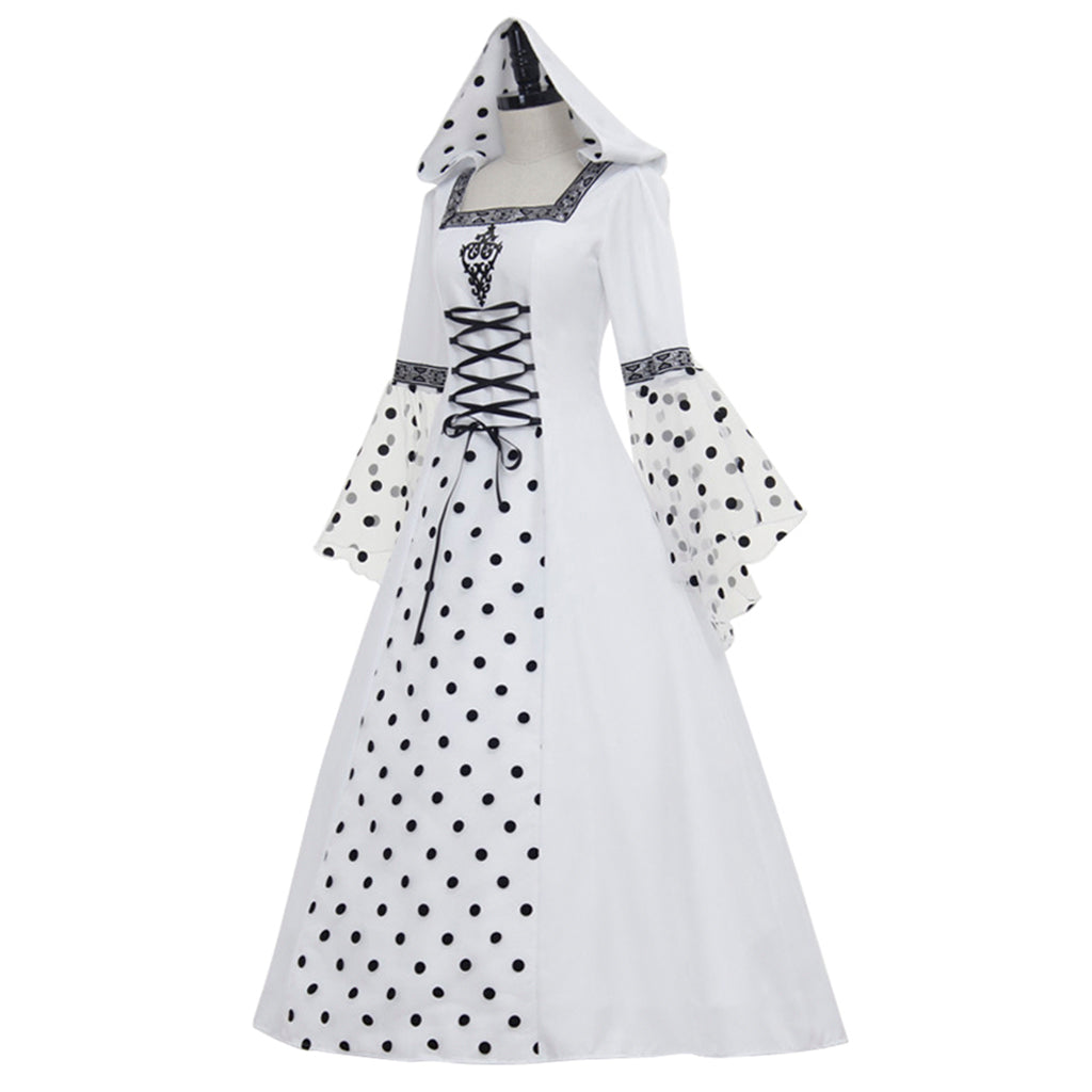 Medieval Women Victorian Renaissance Cosplay Costume Gothic Steampunk Hooded Square Neck Polka Dot Flared Sleeve Corset Style White Black Gown Adult Ladies Halloween Christmas Dress