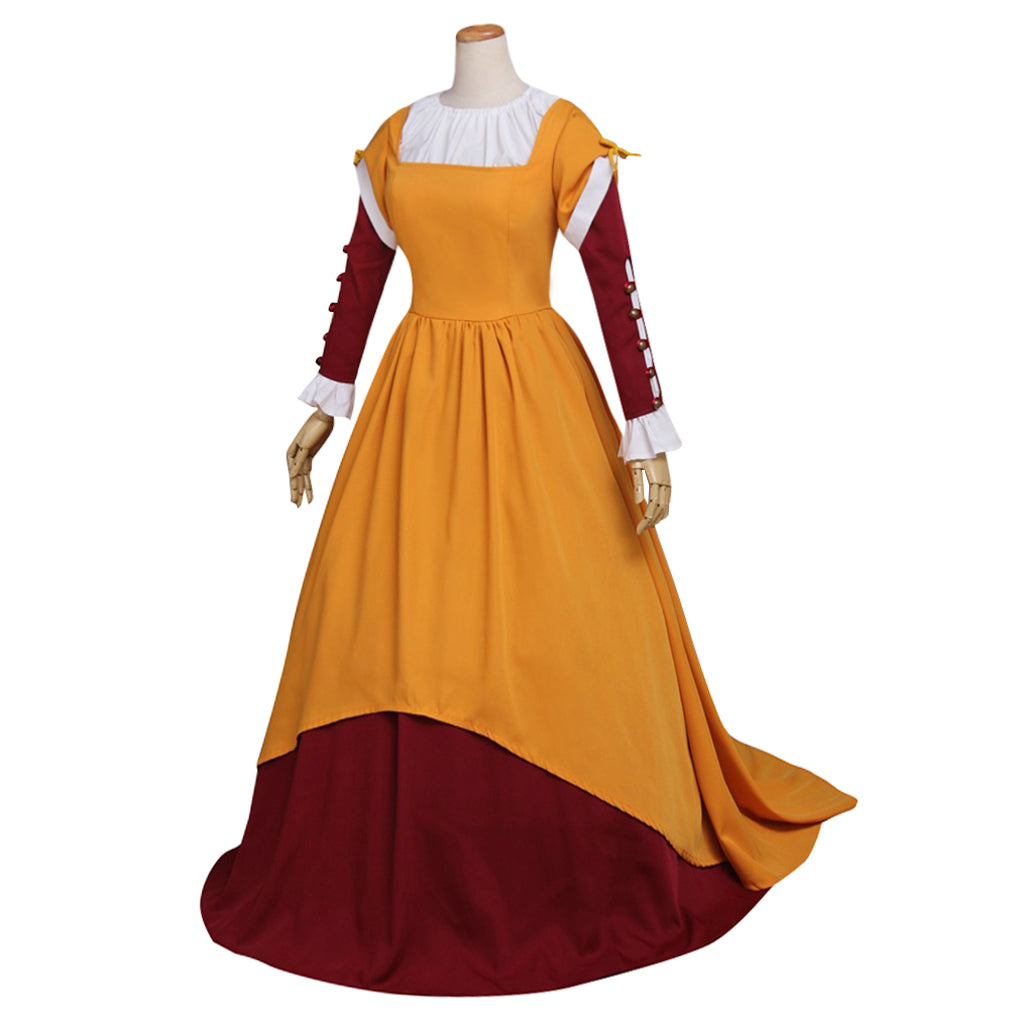 Medieval Women Renaissance Victorian Cosplay Costume Long Sleeve White Trimmed Contrast Trimmed Color Block Mustard Yellow Burgundy Gown Adult Ladies Halloween Christmas Dress