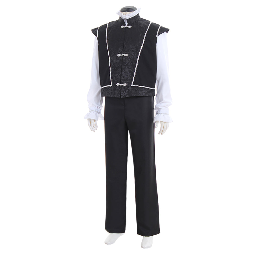 Medieval Men's Black Vest with Silver Trim and White Shirt Costume for Cosplay Themed Events Halloween Christmas or Themed Parties