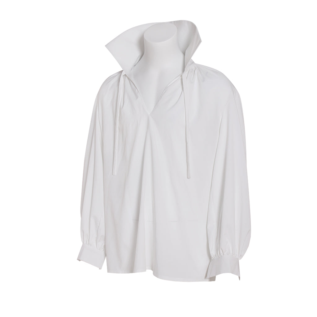 Medieval White High Collar Drawstring V-Neck Balloon Sleeve Blouse for Historical Reenactments Cosplay Events Halloween Christmas or Parties