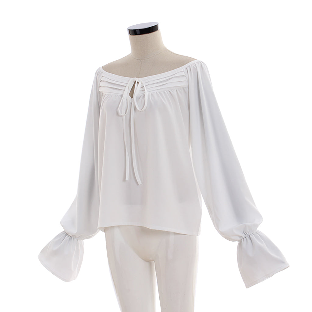 Medieval Renaissance White Off Shoulder Tie Front Blouse with Balloon Sleeves Vintage Cosplay Costume Top