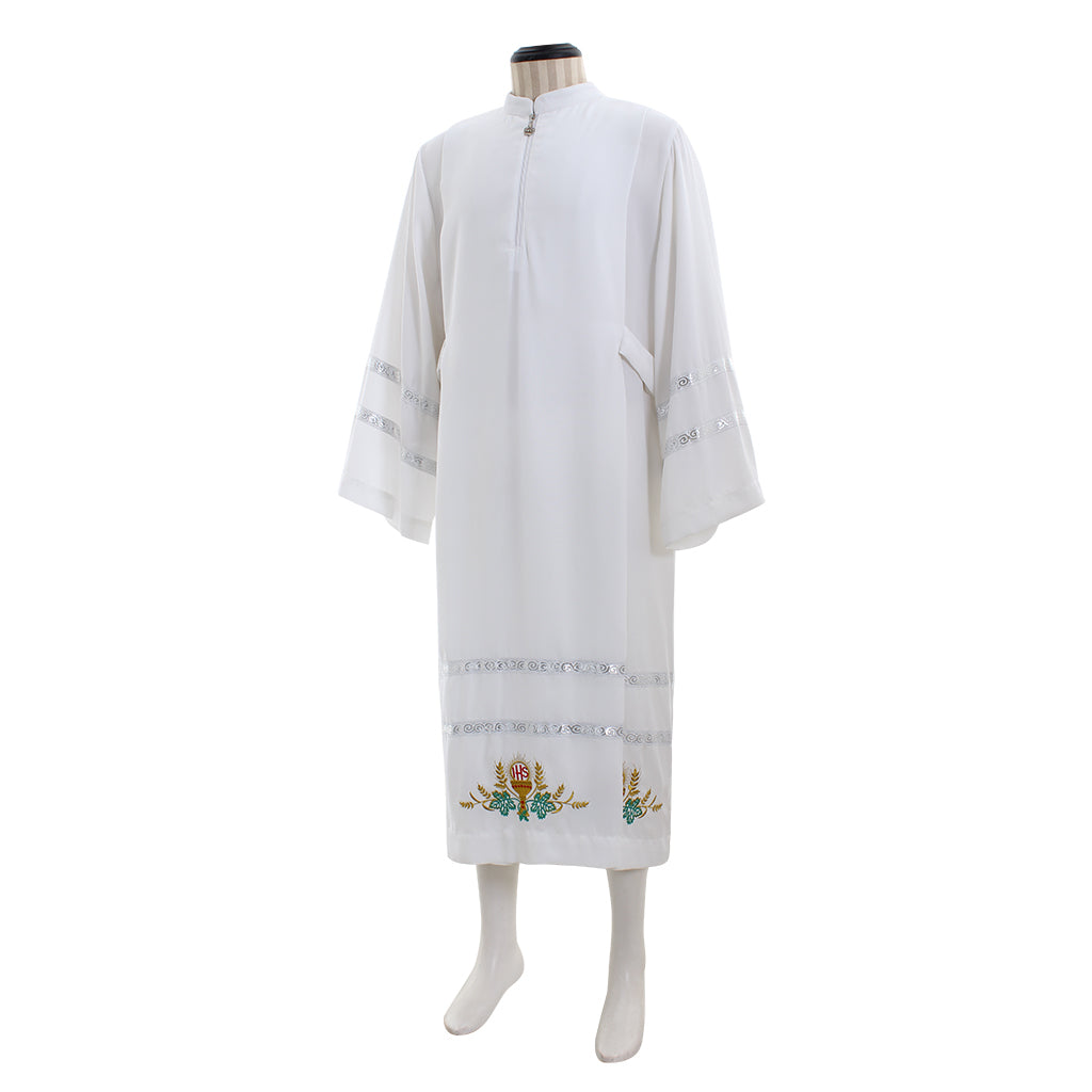 Medieva Men's White Liturgical Robe with Silver Trim and Embroidered Wheat Floral Motifs