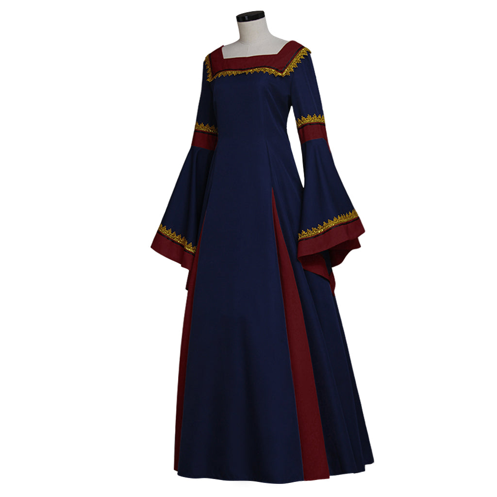 Medieval Vintage Regency Dress Square Neck Navy Blue Red Gown Medieval Cosplay Costume Long Sleeve With Trim Renaissance Gown Women Cosplay Costume Adult Ladies Halloween Christmas Dress