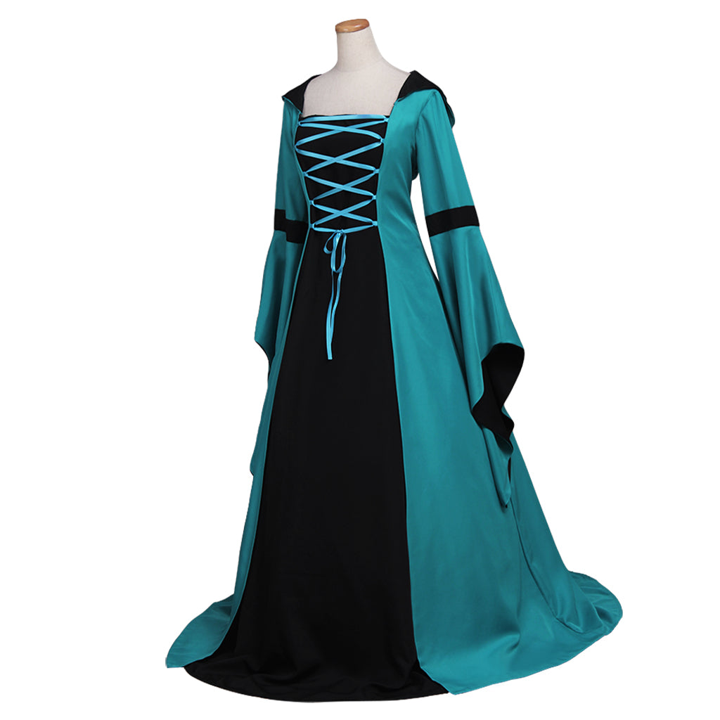 Medieval Women Renaissance Victorian Cosplay Costume Flared Long Sleeve Contrast Trimmed Color Block Teal Black Gown Adult Ladies Halloween Christmas Dress