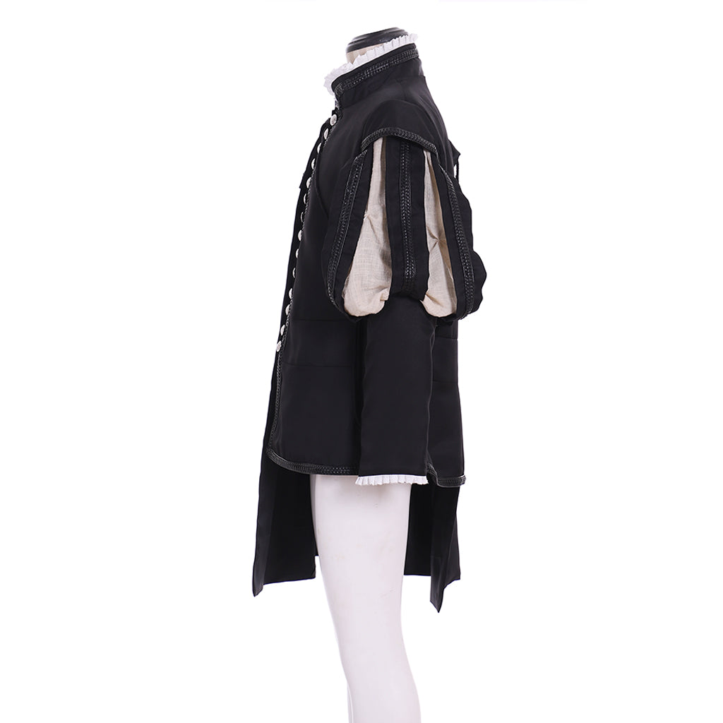 Men's Renaissance Black Coat with Asymmetric Cloak and Silver Buttons for Cosplay or Themed Events Halloween Christmas or Themed Parties
