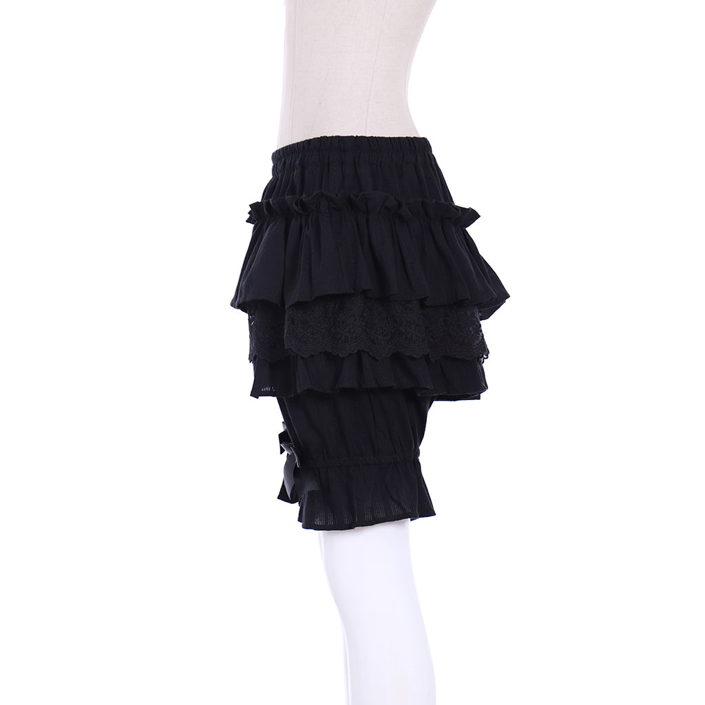 Medieval Gothic Black Lolita Ruffled Bloomers with Multi-Layered Lace Panels and Bow Accents