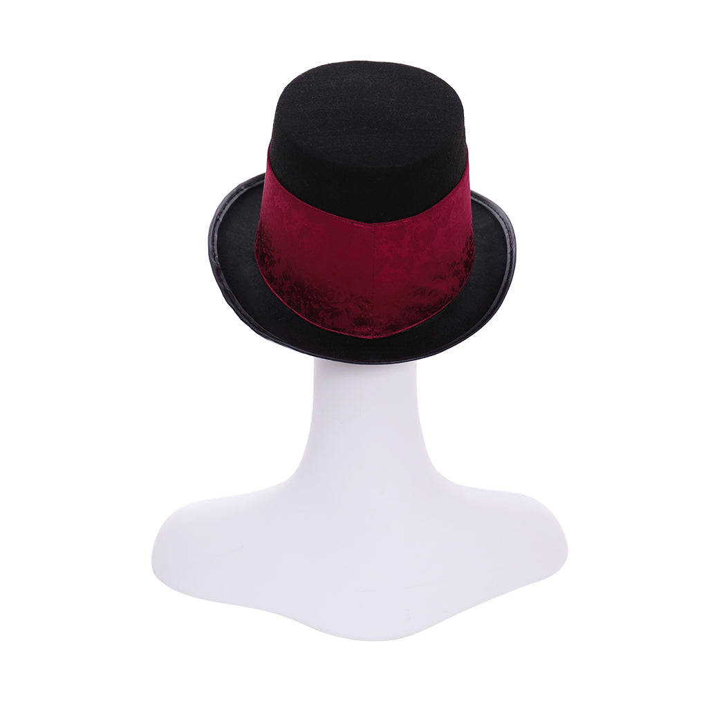 Victorian-Inspired Black Top Hat with Red Brocade Band