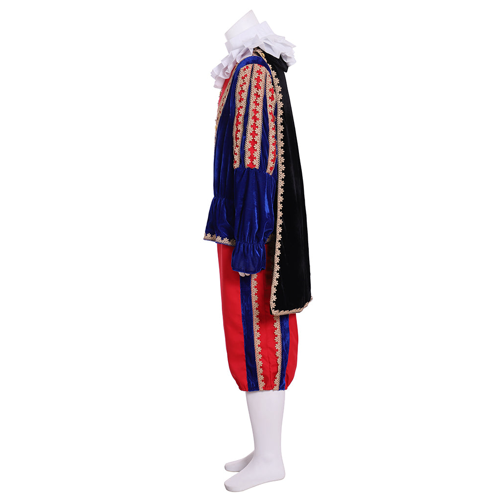 Men's Renaissance Colorful Doublet with Gold Trim, Red Breeches and Ruffled Shirt for Cosplay or Themed Events Halloween Christmas or Themed Parties