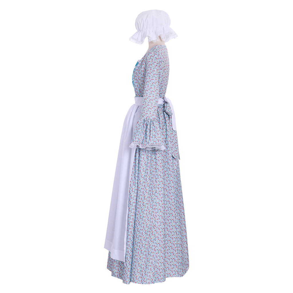 Medieval Renaissance Women's Blue and White Cosplay Dress with Square Neck, Puff Sleeves, Contrast Bodice and Apron Style Skirt Gothic Ladies Halloween Party Outerwear