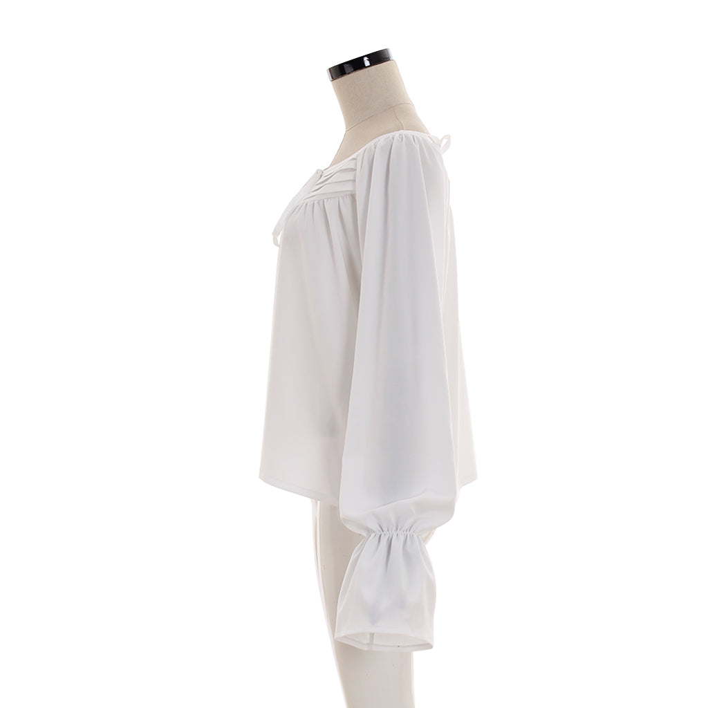 Medieval Renaissance White Off Shoulder Tie Front Blouse with Balloon Sleeves Vintage Cosplay Costume Top