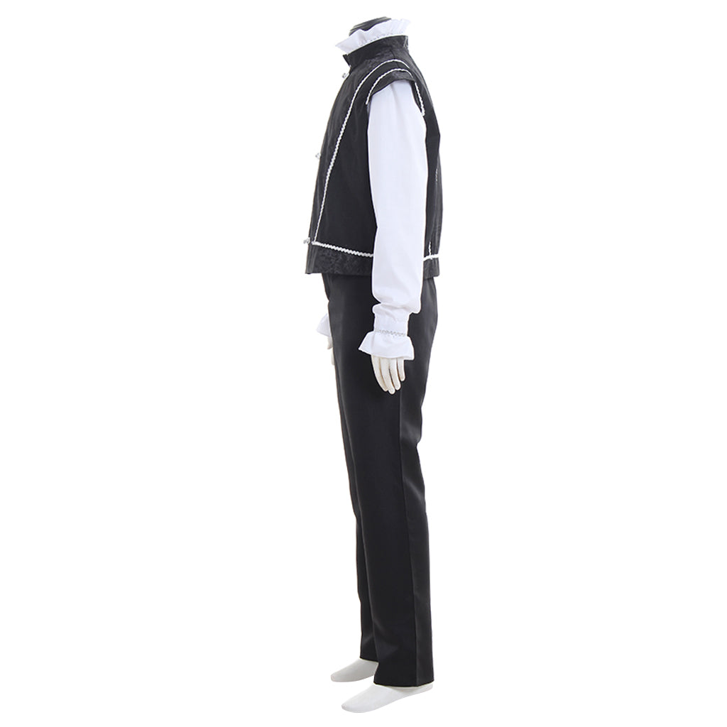 Medieval Men's Black Vest with Silver Trim and White Shirt Costume for Cosplay Themed Events Halloween Christmas or Themed Parties