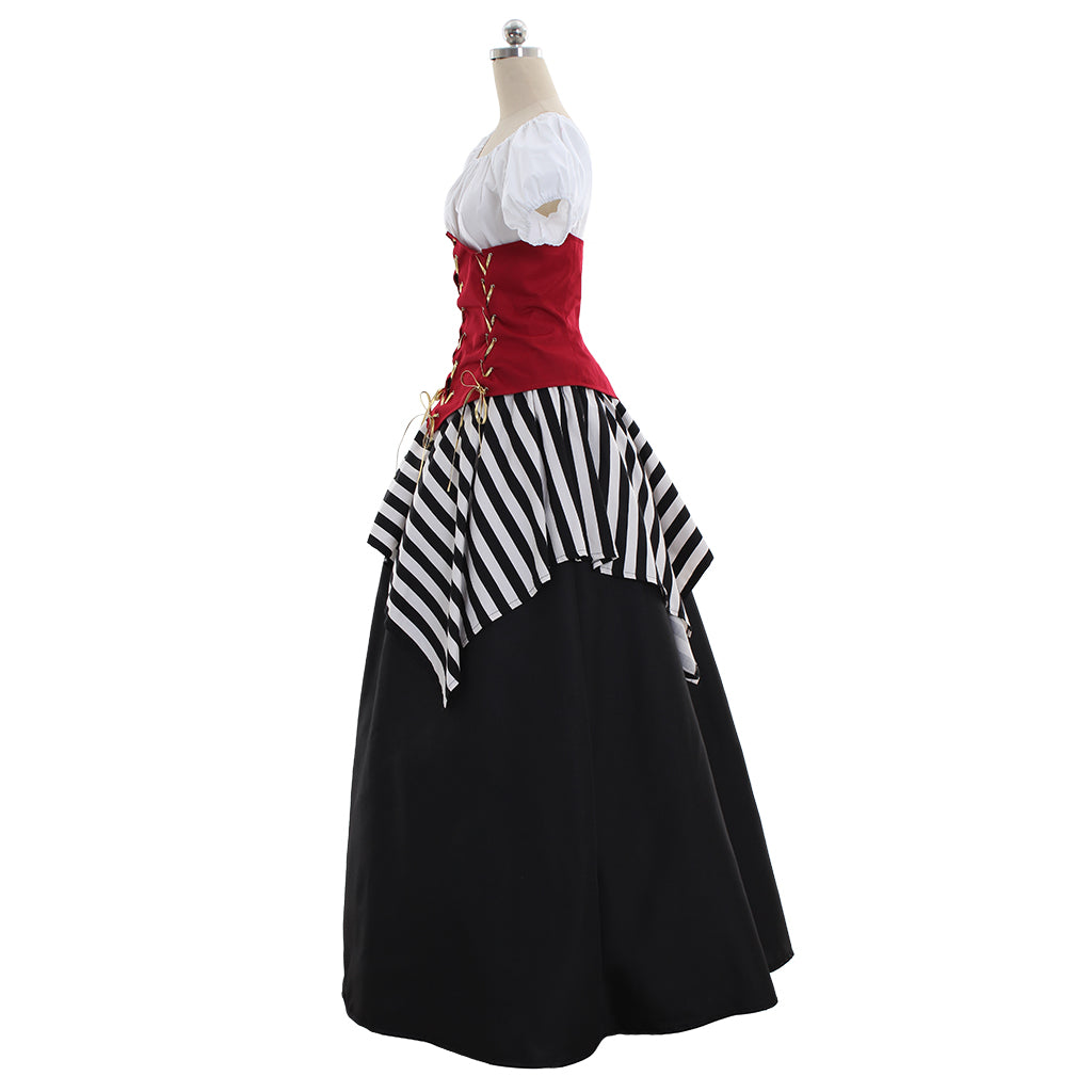 Medieval Women Viking Red Black And White Striped Cosplay Costume Adult Renaissance Ancient Gown Norse Gothic Ladies Halloween Christmas Dress