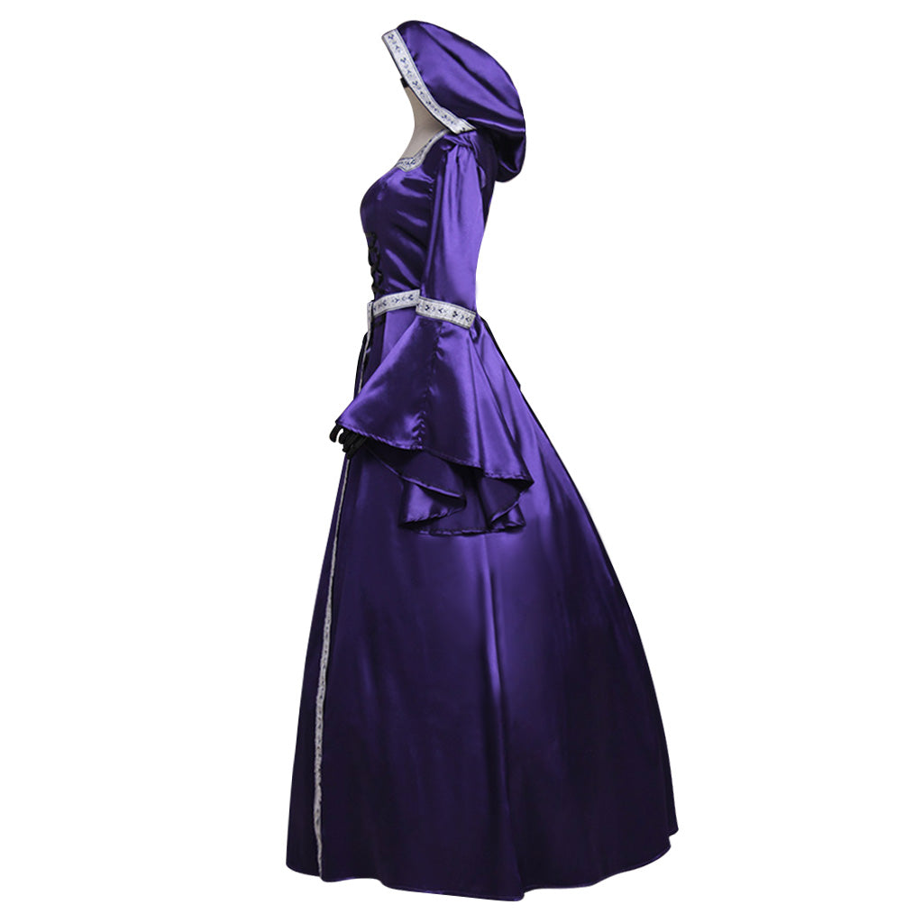 Medieval Vintage Regency Dress Square Neck Purple White Gown Medieval Cosplay Costume Long Sleeve With Trim Renaissance Gown Women Cosplay Costume Adult Ladies Halloween Christmas Dress