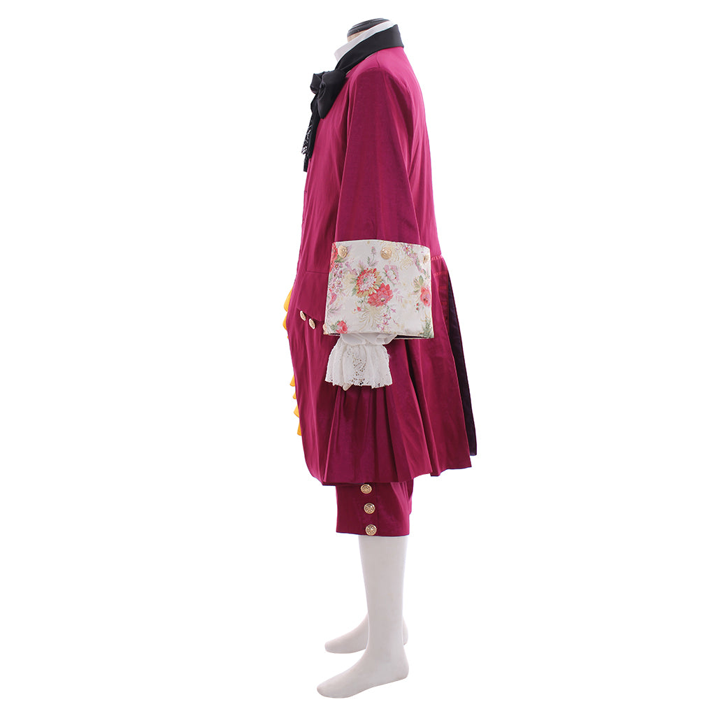 Men's Renaissance Burgundy Frock Coat with Floral Embroidered Cuffs, Yellow Accents and Black Cravat Paired with Breeches for Cosplay or Themed Events Halloween Christmas or Themed Parties