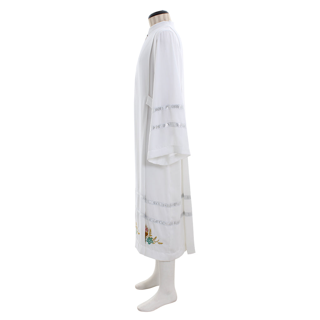 Medieva Men's White Liturgical Robe with Silver Trim and Embroidered Wheat Floral Motifs