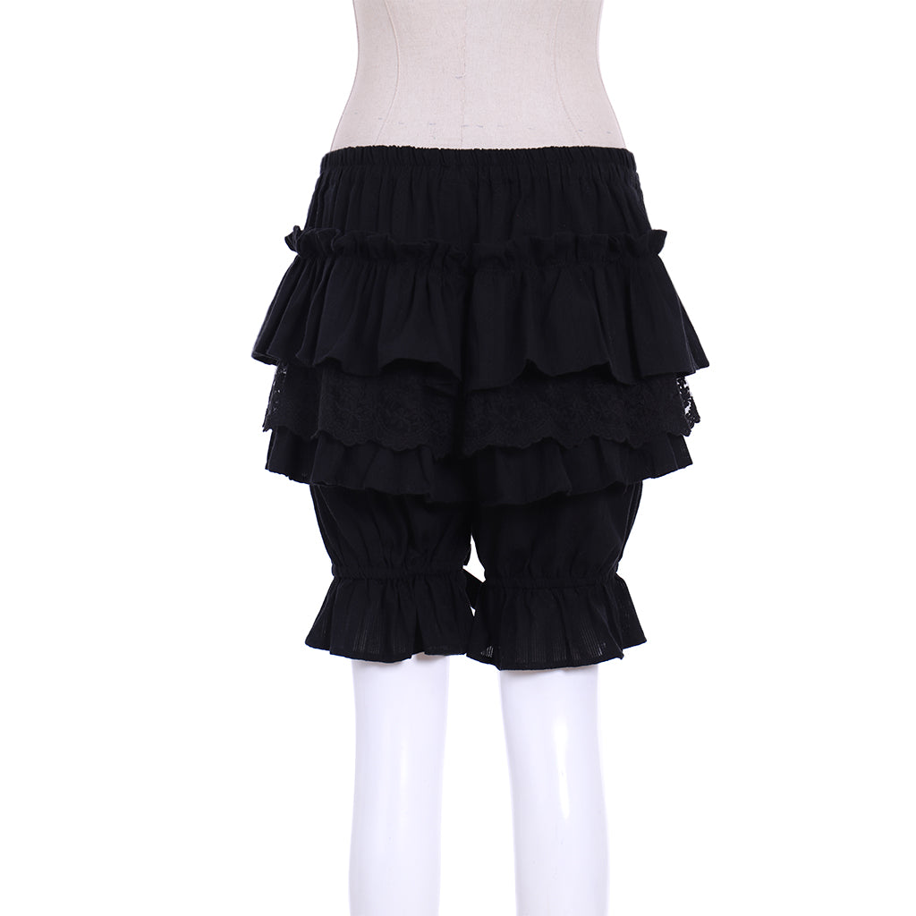 Medieval Gothic Black Lolita Ruffled Bloomers with Multi-Layered Lace Panels and Bow Accents