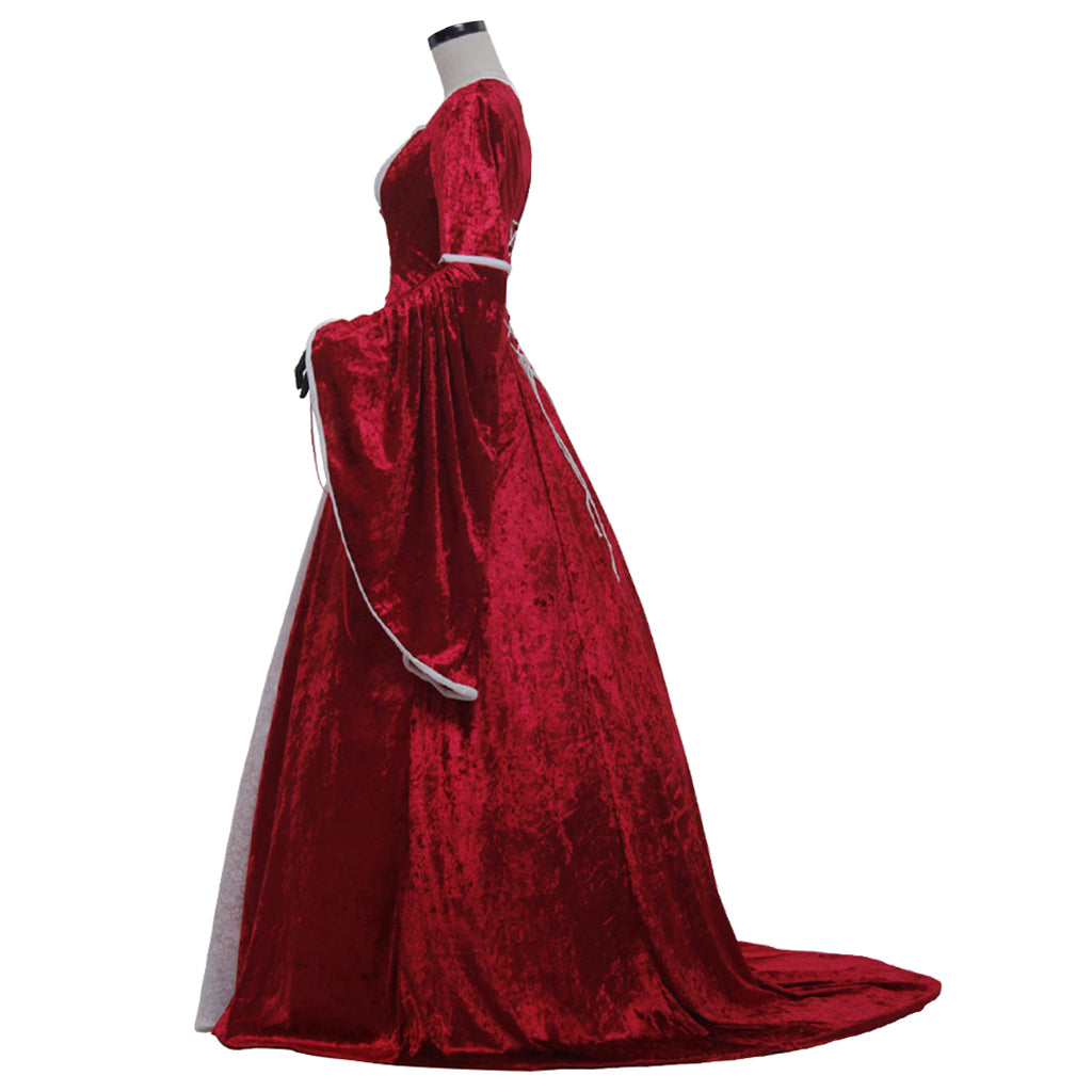Medieval Renaissance Cosplay Costume Long Flared Sleeve Corset Style Red Silver Gown Adult Ladies Halloween Renaissance Festival Dress