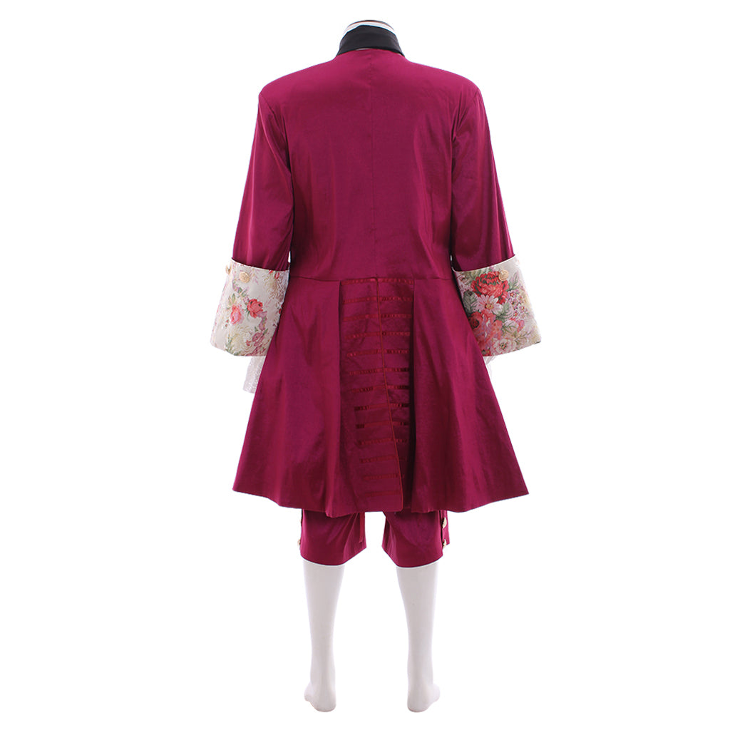 Men's Renaissance Burgundy Frock Coat with Floral Embroidered Cuffs, Yellow Accents and Black Cravat Paired with Breeches for Cosplay or Themed Events Halloween Christmas or Themed Parties