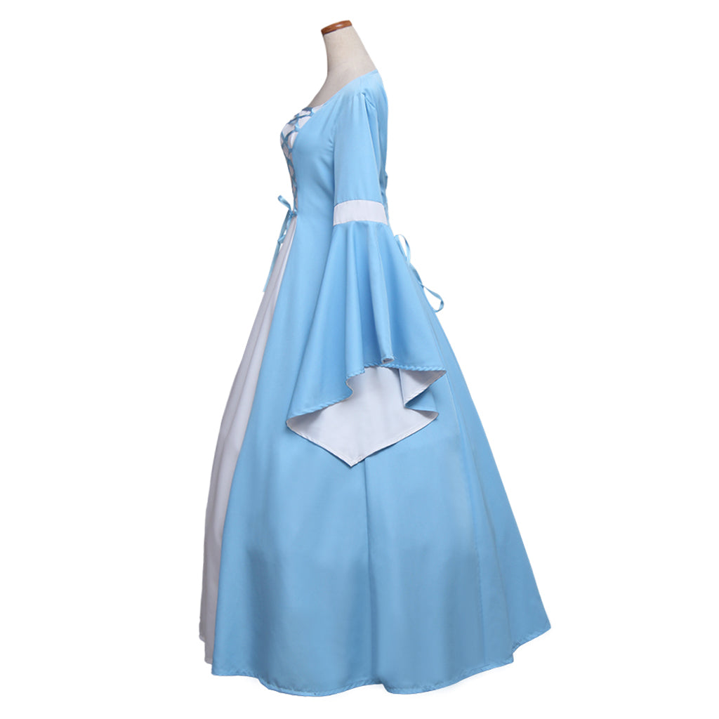 Medieval Women Renaissance Victorian Cosplay Costume Flared Long Sleeve Blue Trimmed Color Block Light Blue White Lace Up Gown Adult Ladies Halloween Christmas Dress