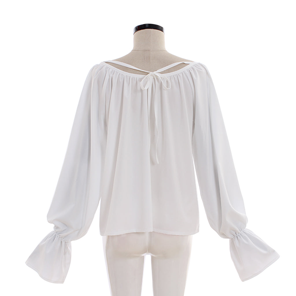 Medieval Renaissance White Off Shoulder Tie Front Blouse with Balloon Sleeves Vintage Cosplay Costume Top