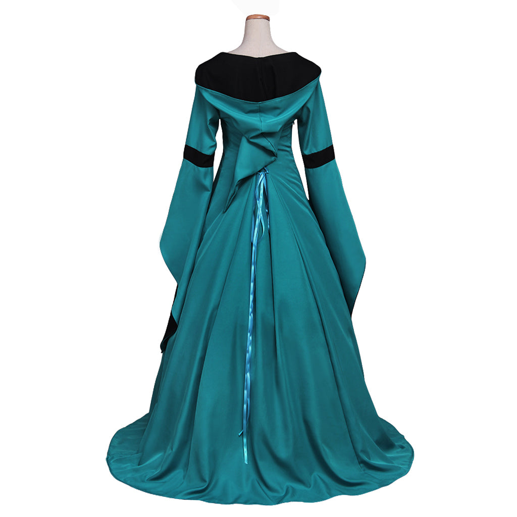Medieval Women Renaissance Victorian Cosplay Costume Flared Long Sleeve Contrast Trimmed Color Block Teal Black Gown Adult Ladies Halloween Christmas Dress