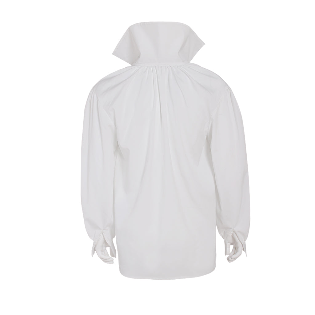 Medieval White High Collar Drawstring V-Neck Balloon Sleeve Blouse for Historical Reenactments Cosplay Events Halloween Christmas or Parties
