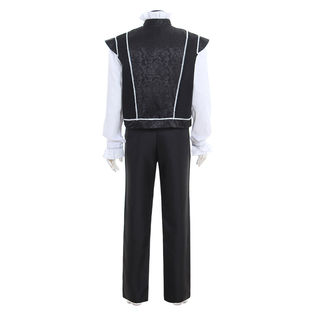 Medieval Men's Black Vest with Silver Trim and White Shirt Costume for Cosplay Themed Events Halloween Christmas or Themed Parties