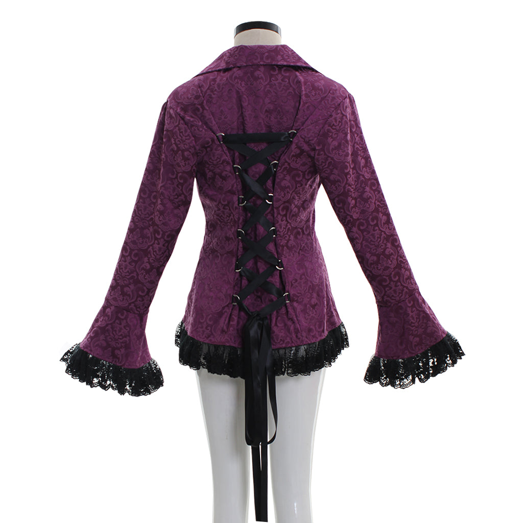 Medieval Gothic Purple Brocade Jacket Flared Sleeves with Black Lace Trim Renaissance Vintage Cosplay Costume Coat