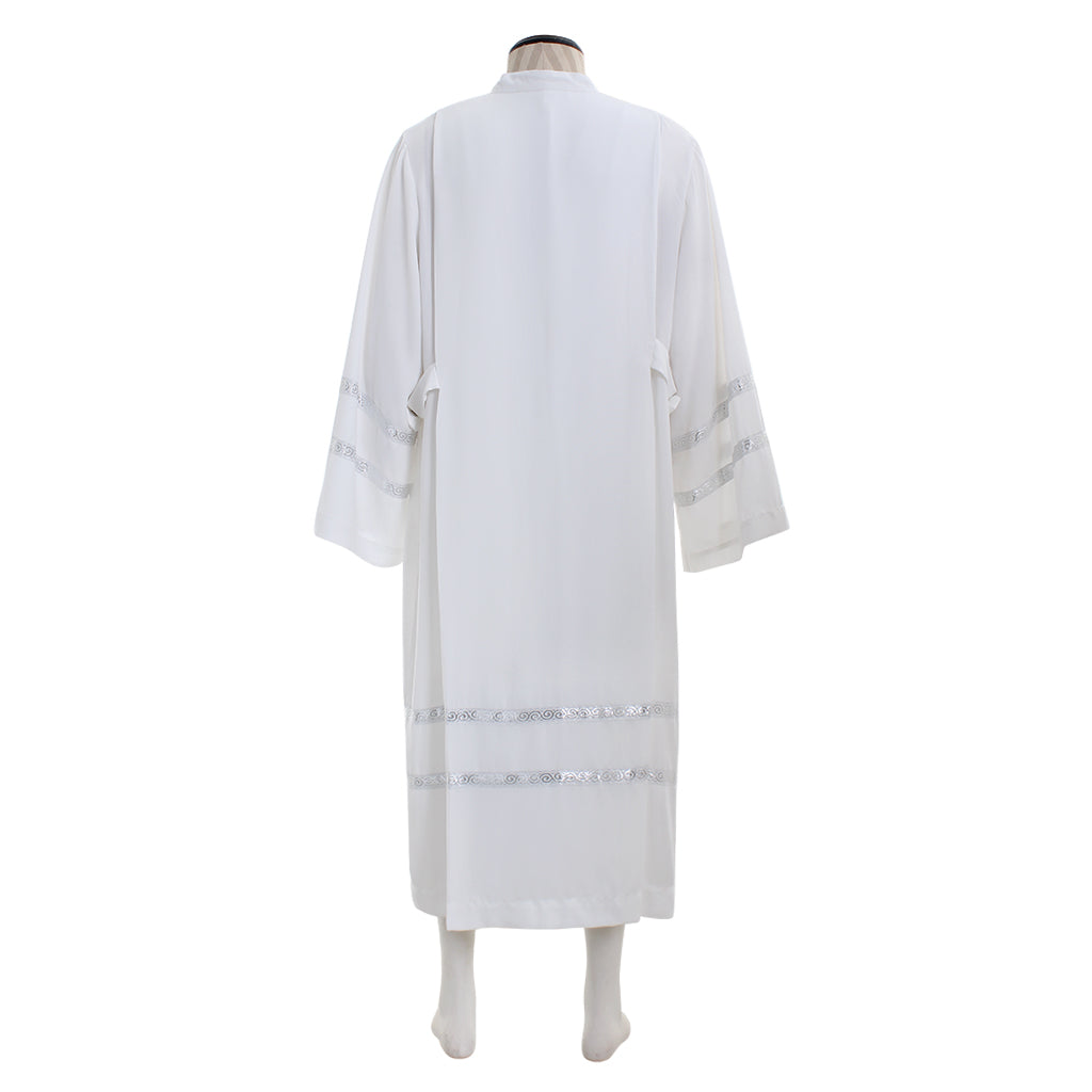Medieva Men's White Liturgical Robe with Silver Trim and Embroidered Wheat Floral Motifs