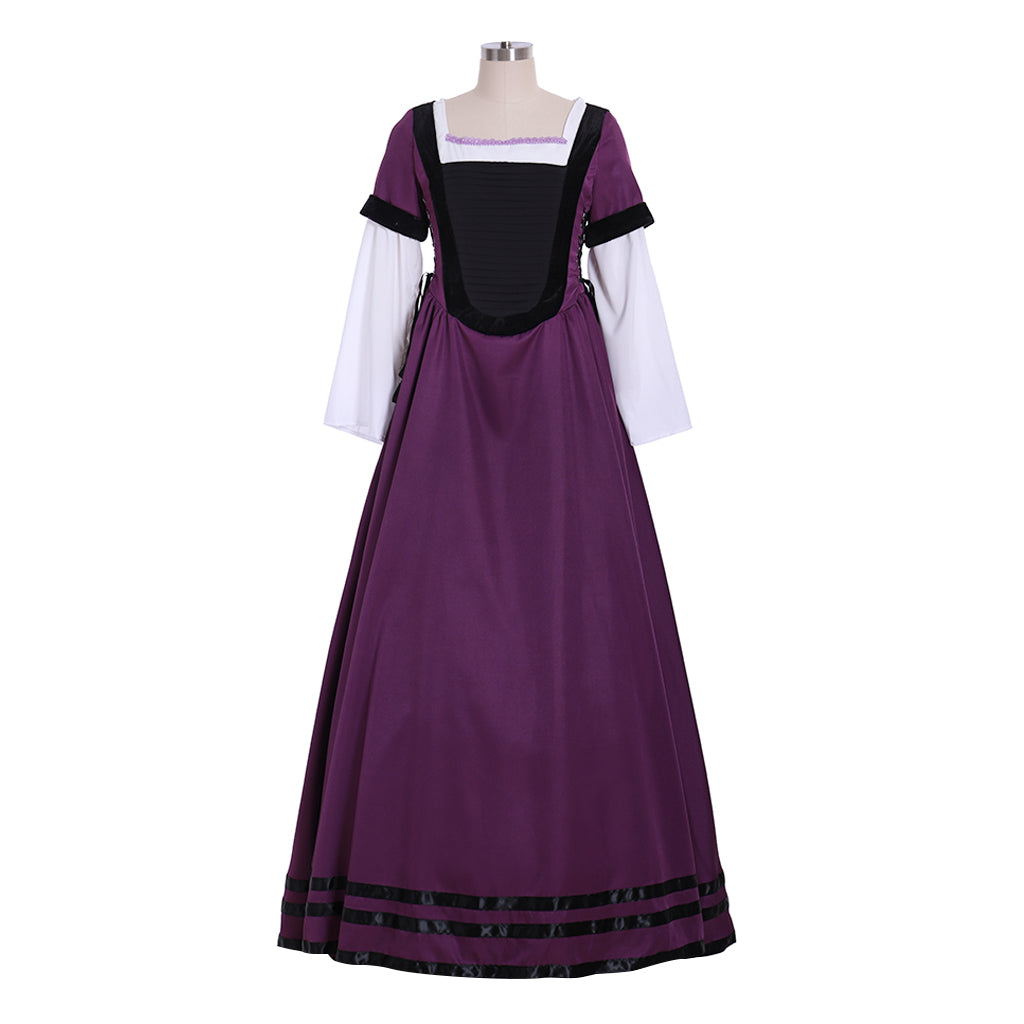 Medieval Renaissance Women's Purple and Black Cosplay Dress with Square Neck, Long Sleeves, Contrast Bodice Gothic Ladies Halloween Party Outerwear