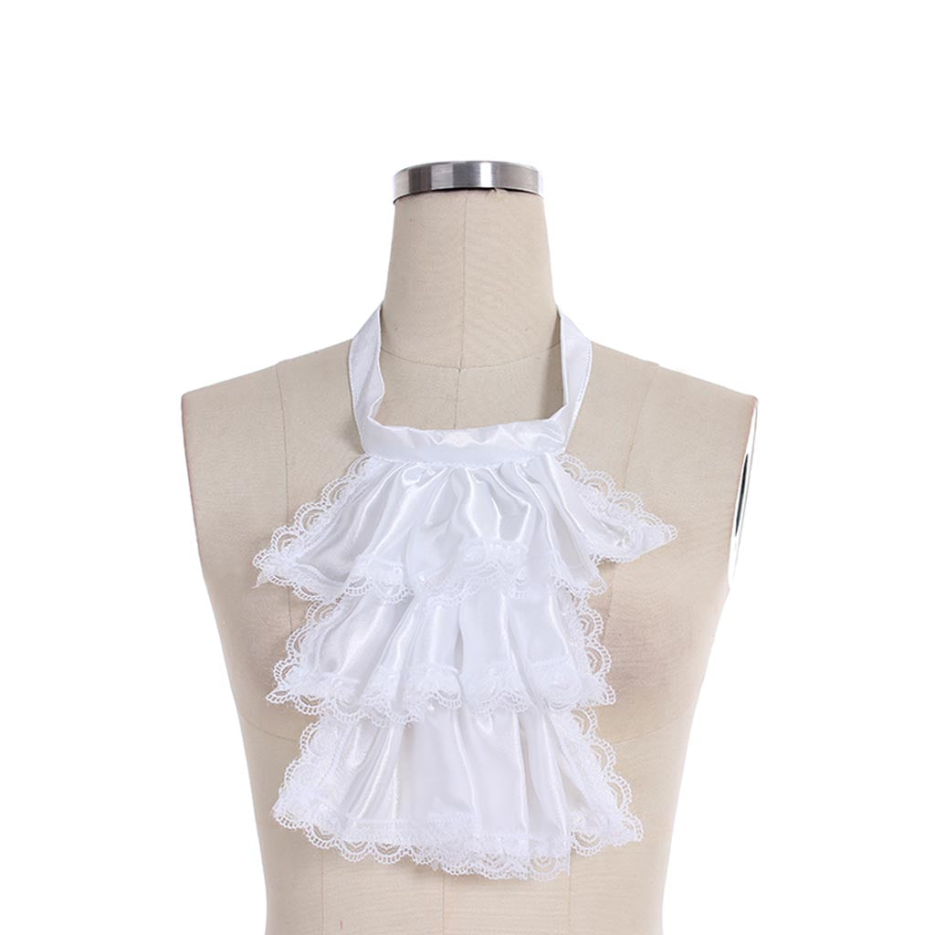 Medieval White Tiered Ruffle Halter Neckline with Lace Trim Gothic Ladies Halloween Party Outerwear