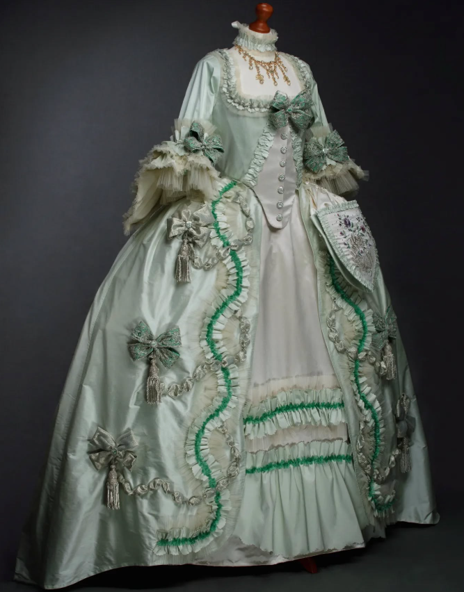 Rococo Style Light Green Satin Gown with White Accents, Green Trim and Bow Embellishments for Halloween Christmas