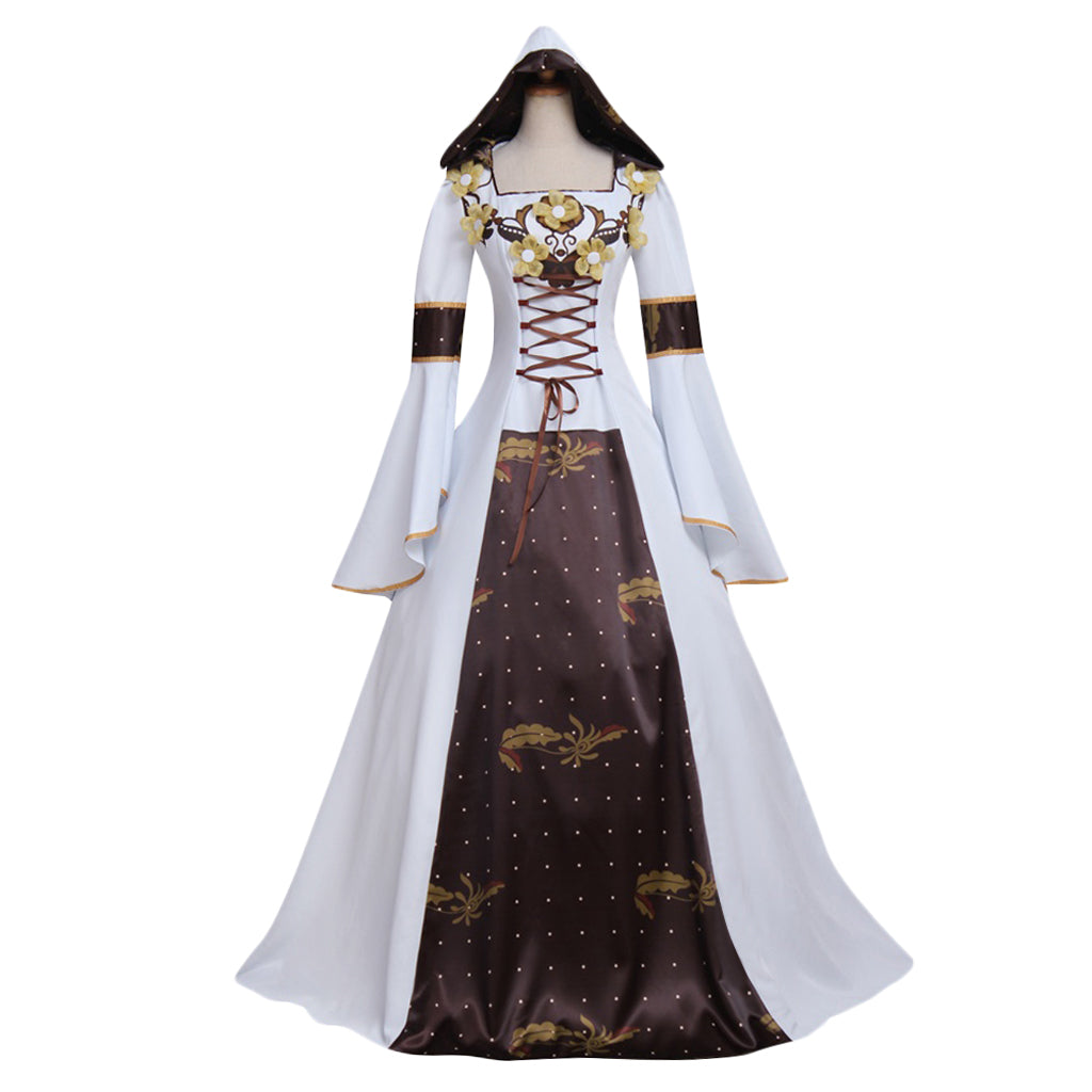Medieval Women Victorian Renaissance Cosplay Costume Gothic Steampunk Square Neck Flared Sleeve Corset Style Patterned Brown White Gown Adult Ladies Halloween Christmas Dress