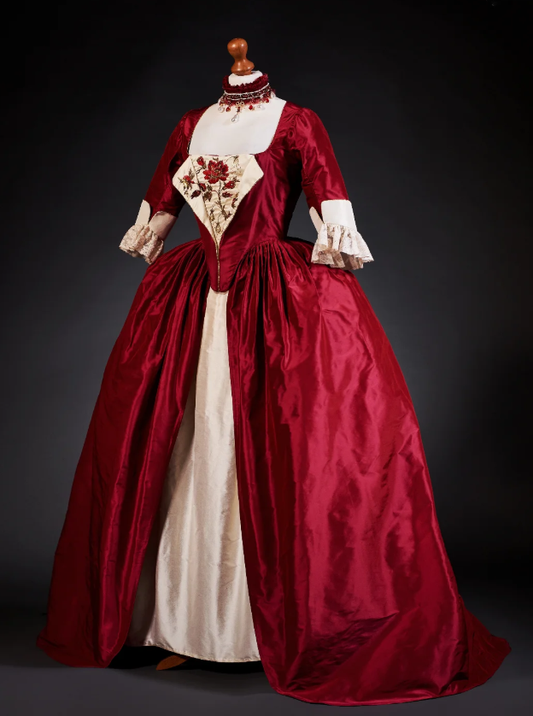 Rococo Style Red Satin Gown with ELayered Overskirt for Historical Reenactments Royal Court Halloween Christmas