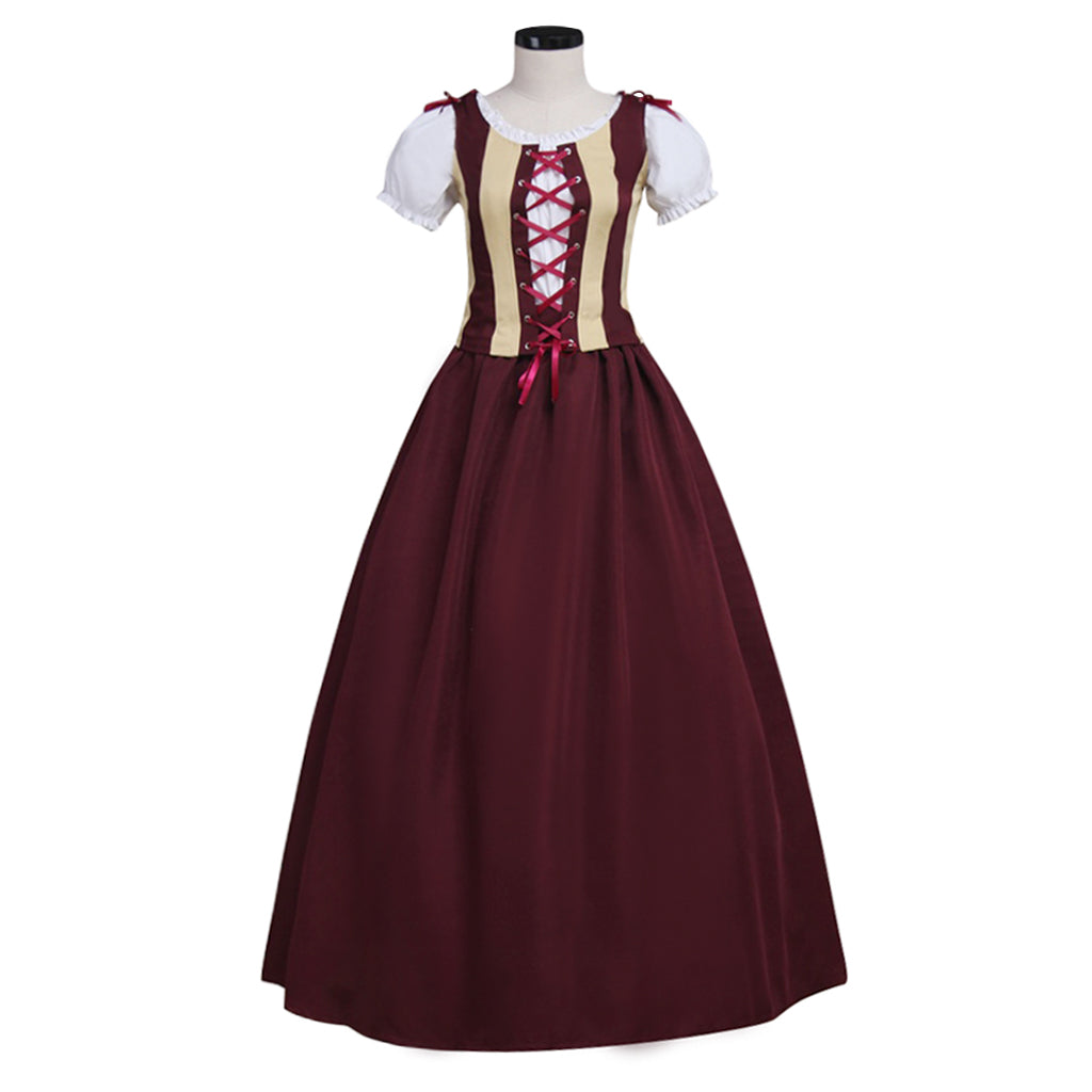 Medieval Renaissance Cosplay Costume Short Sleeve Corset Style Burgundy Gown Adult Ladies Halloween Renaissance Festival Dress
