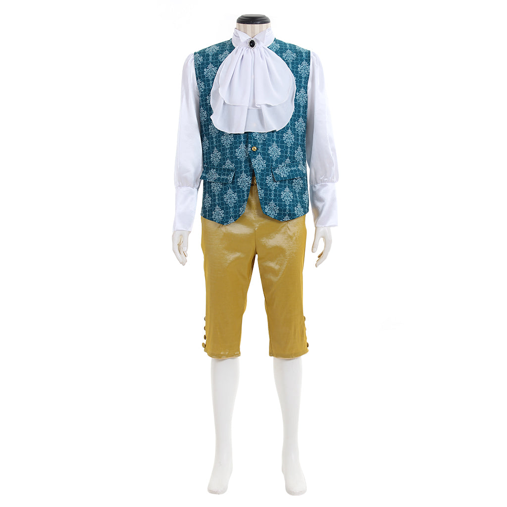 Medieval Men's Golden with White Ruffle and Blue Patterned Waistcoat Court Coat Costume for Cosplay Themed Events Halloween Christmas or Themed Parties